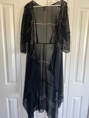 BCBGMaxAzria Black Sheer Open-Front High-Low cover-up with Cream/Tan Stripes